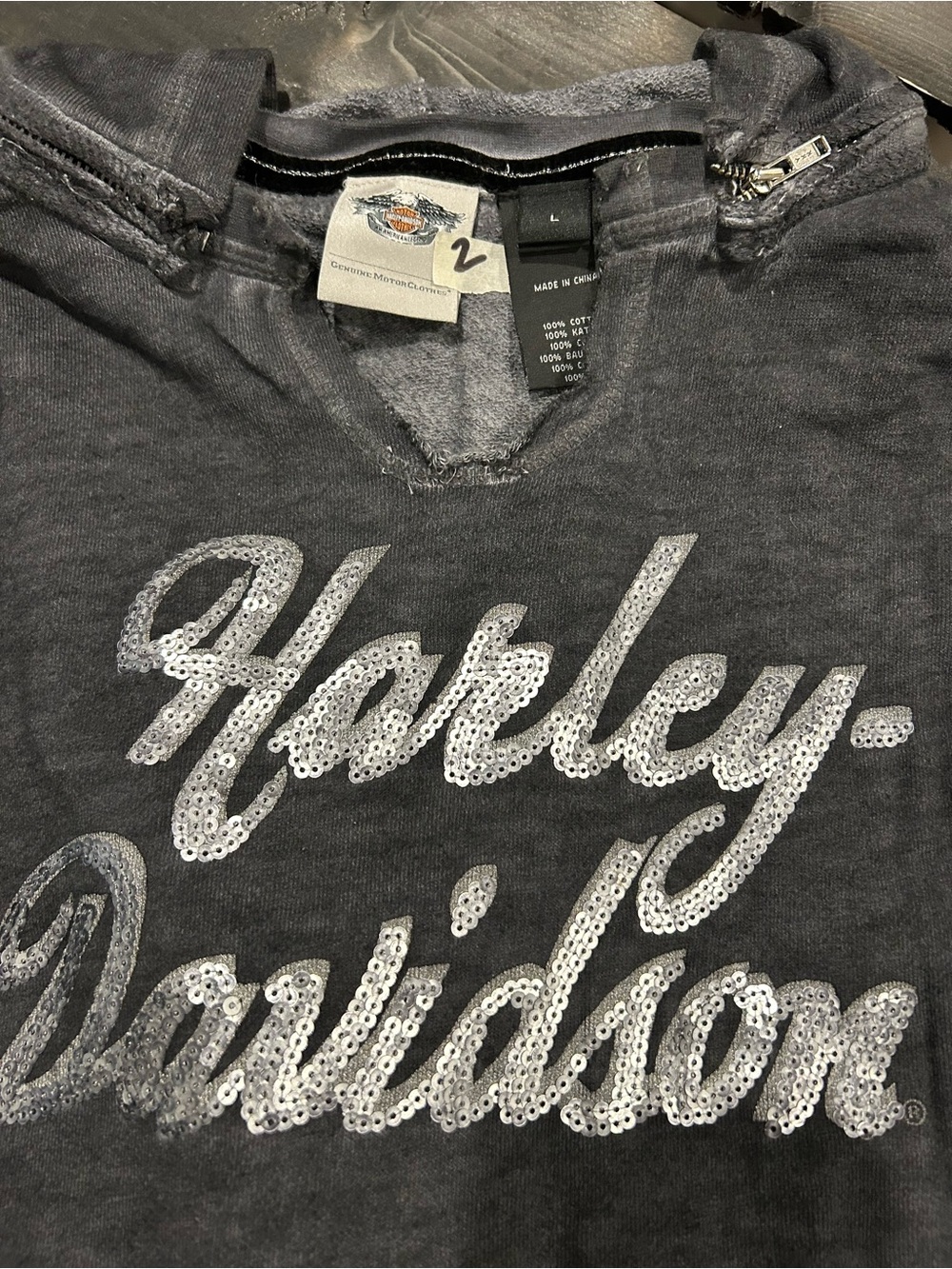 Women’s Harley-Davidson Sequin Hoodie (Size Large) - Distressed Charcoal Gray - Picture 3 of 9